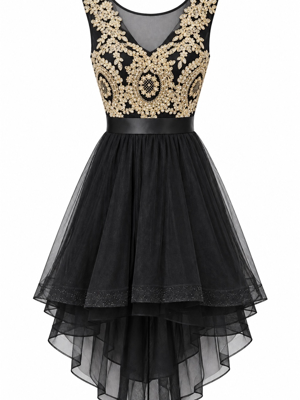 City Triangles Black Tulle Dress with Gold Embroidered Bodice